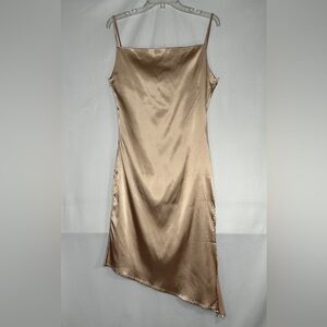 R Vivimos NWT Champagne Slip Dress Satin Adjustable Straps Asymmetrical Slit SzS
